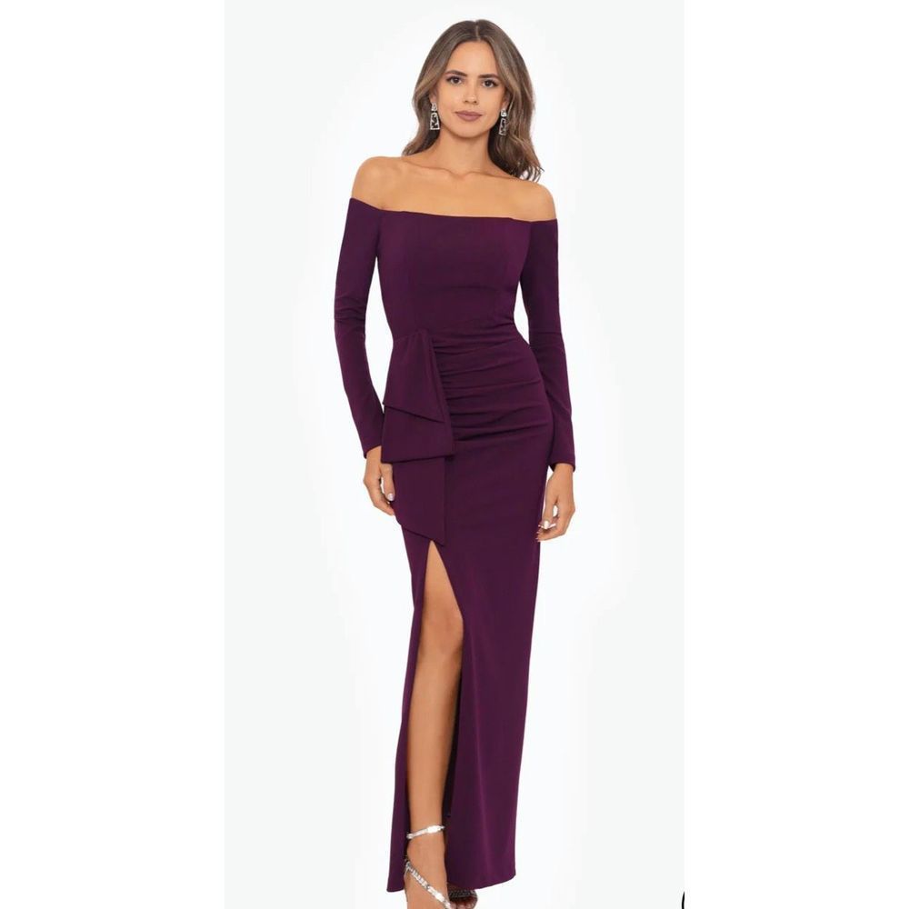 Xscape NELLIE" OFF THE SHOULDER LONG SLEEVE SCUBA CREPE DRESS